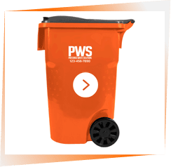 A picture of an orange trash can with wheels.