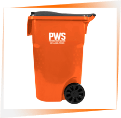 A large orange trash can with wheels on top.