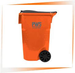 A orange trash can with wheels on the side.