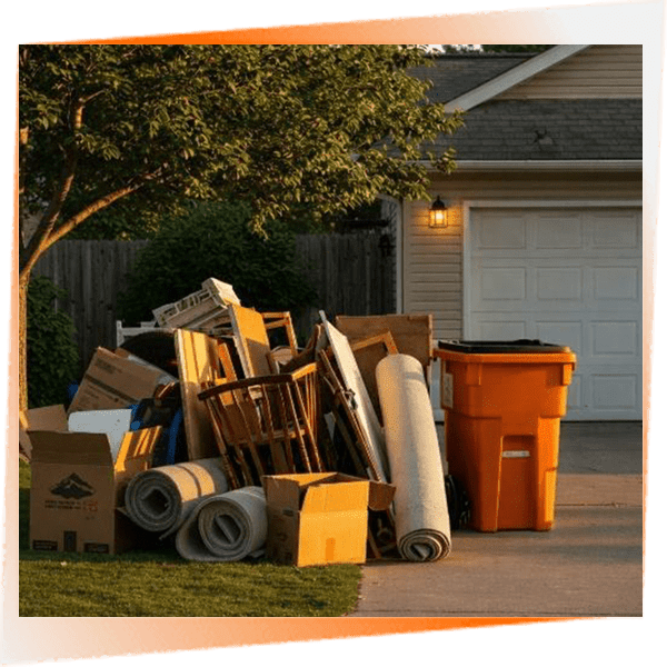 Furniture and boxes are stacked outside a house near a garage.