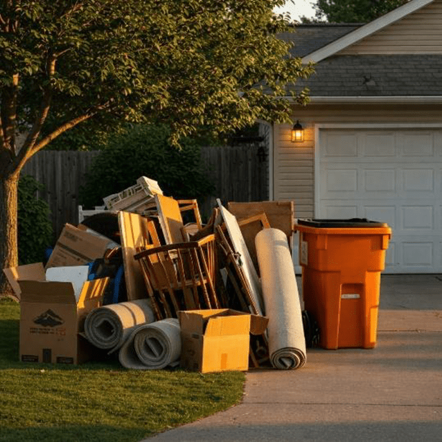 Packed moving boxes and furniture outside a house at dusk.